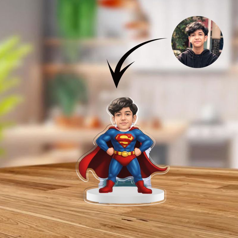 Personalized Super Man Cartoon Theme Funny Face Caricature Birthday Return Gift for Kids, Girls & Boys Solar Powered Moving Head for Car Dashboard & Table Decor